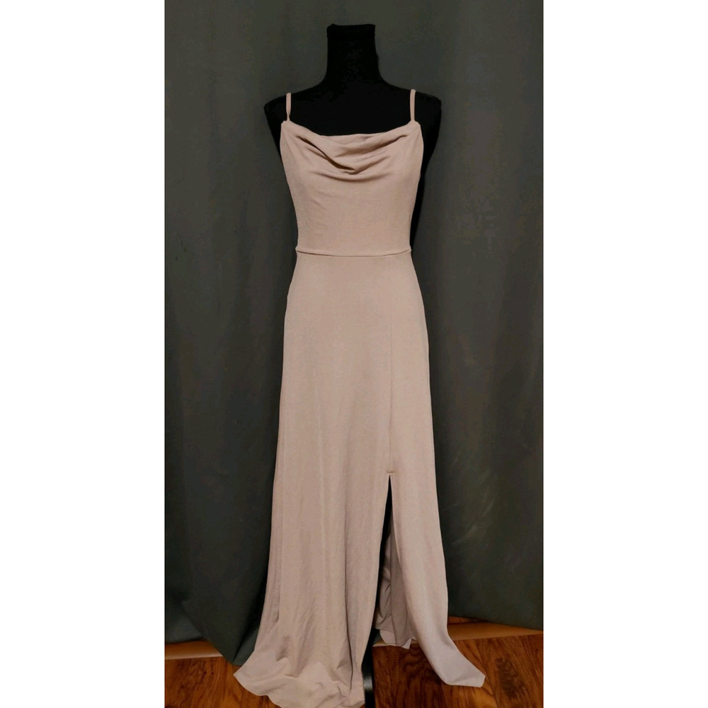 BIRDY GREY Ash Crepe Long Maxi Formal Dress Taupe With Slit Size Small NWOT - Picture 13 of 13